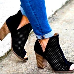 Lucky Brand Larise Bootie Black Perforated Open Toe Block Heel